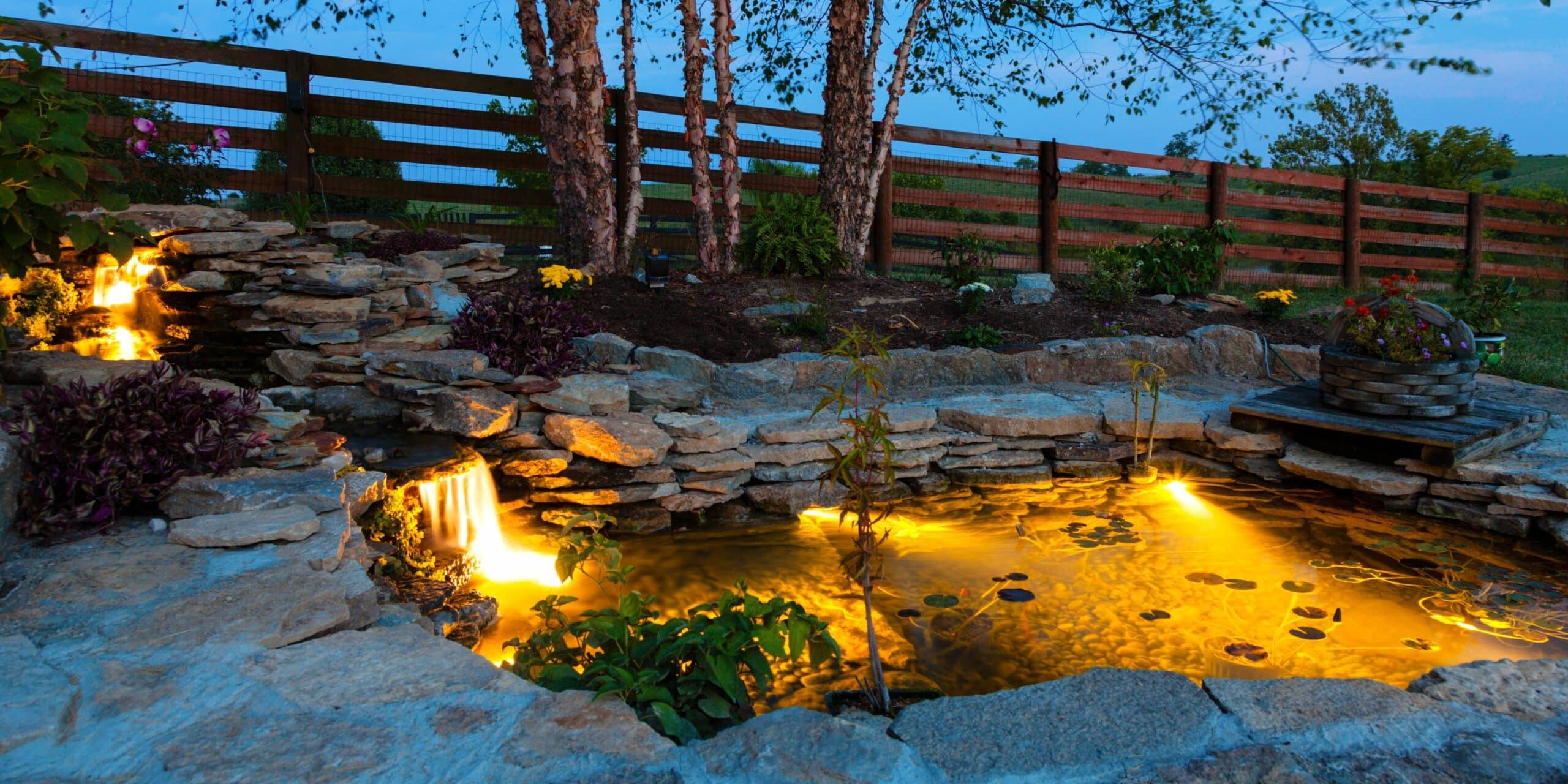 Aesthetically pleasing pond with lights on